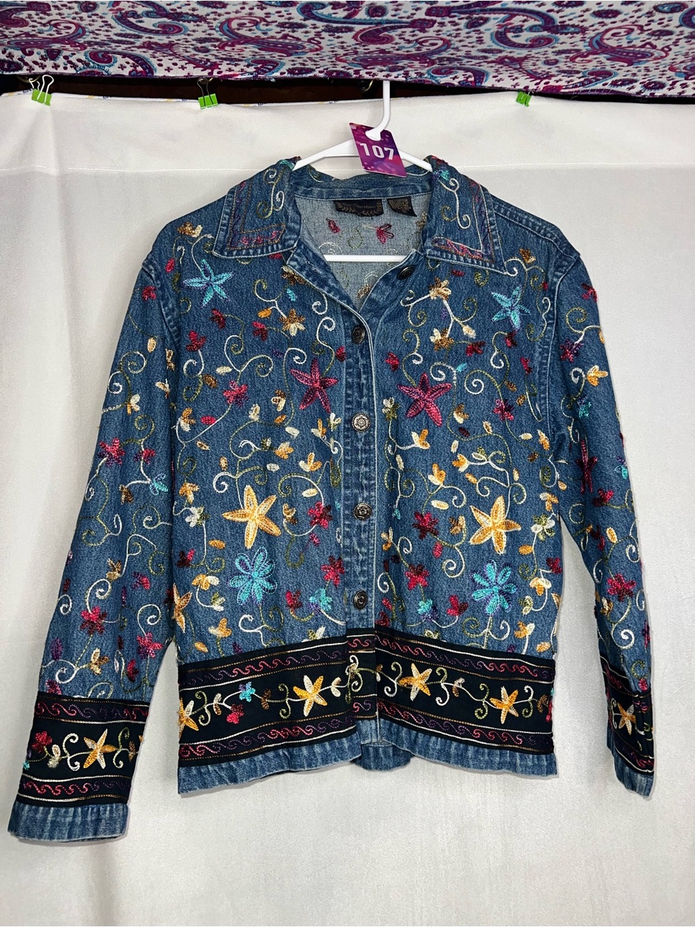 Medium Embroidered Cotton Floral Denim Jacket - Blue PTP 20”